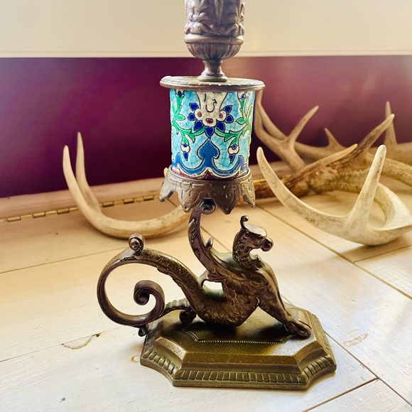 Antique French Longwy, Bronze Gargoyle Griffin Candlestick, Victorian, Gothic - Picture 10 of 12